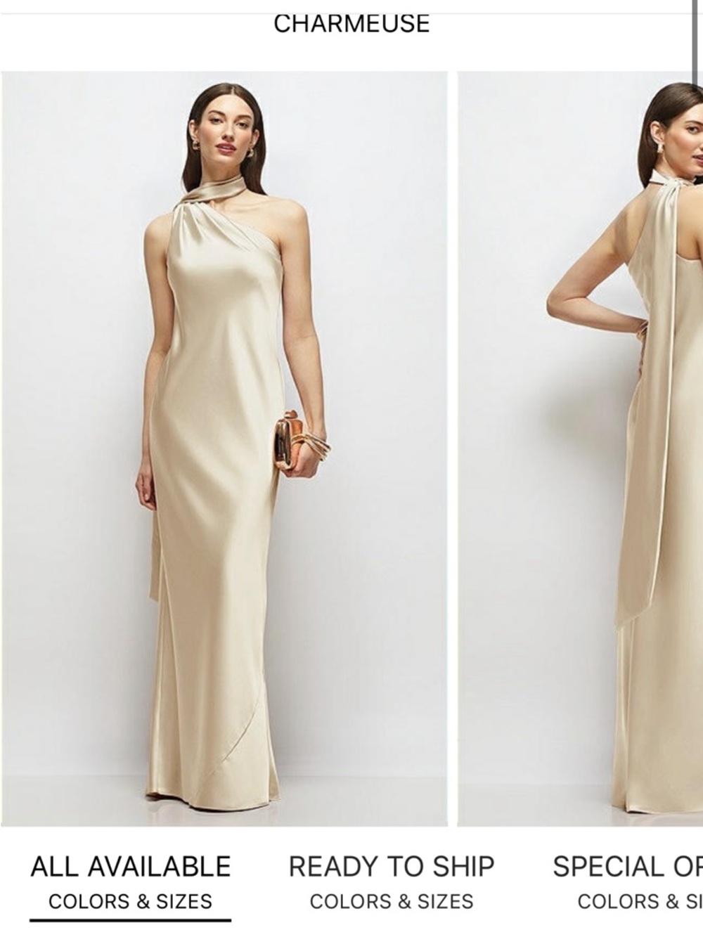 Dessy Collection Charmeuse One-Shoulder Maxi Dress in Champagne